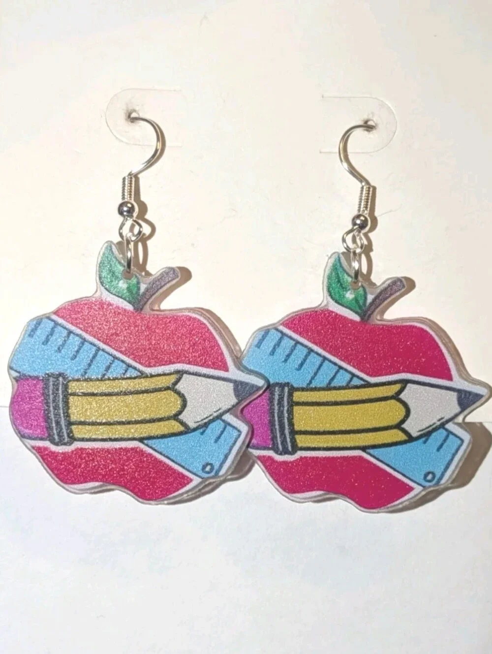 Hand Crafted Women/Kids Red Apple & Pencil Dangle Earrings